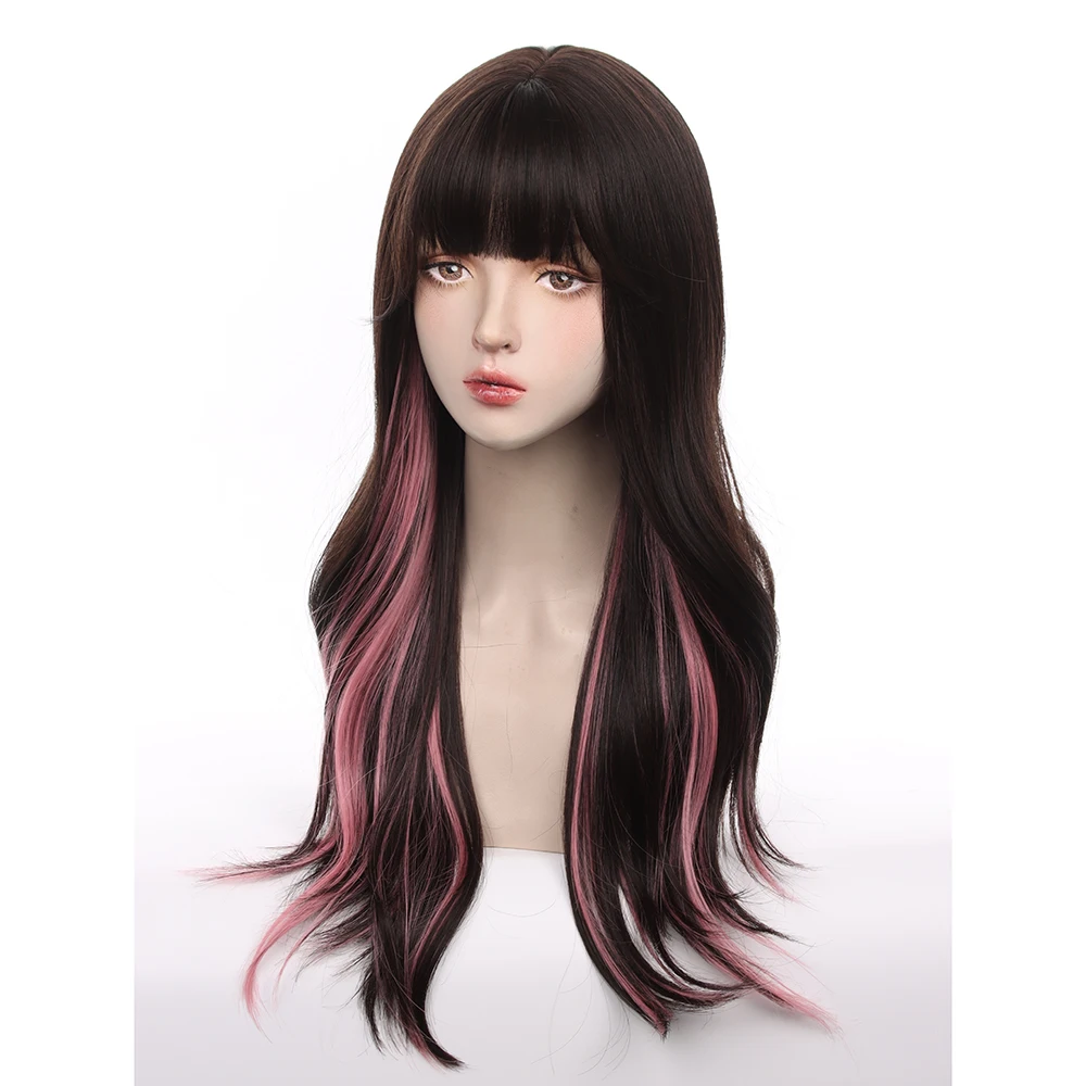 باروكة صناعية طويلة مموجة باللونين الأسود والوردي للنساء، تصميم مقاوم للحرارة، مثالية للحفلات التنكرية والارتداء اليومي