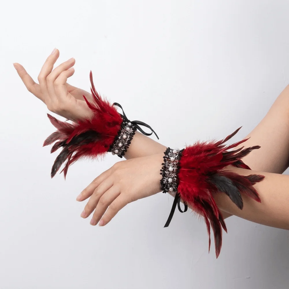 Vintage Lace Feather Wrist Cuffs Adjustable Lightweight Halloween Arm Cuff Fluffy Gothic Wristband Cosplay