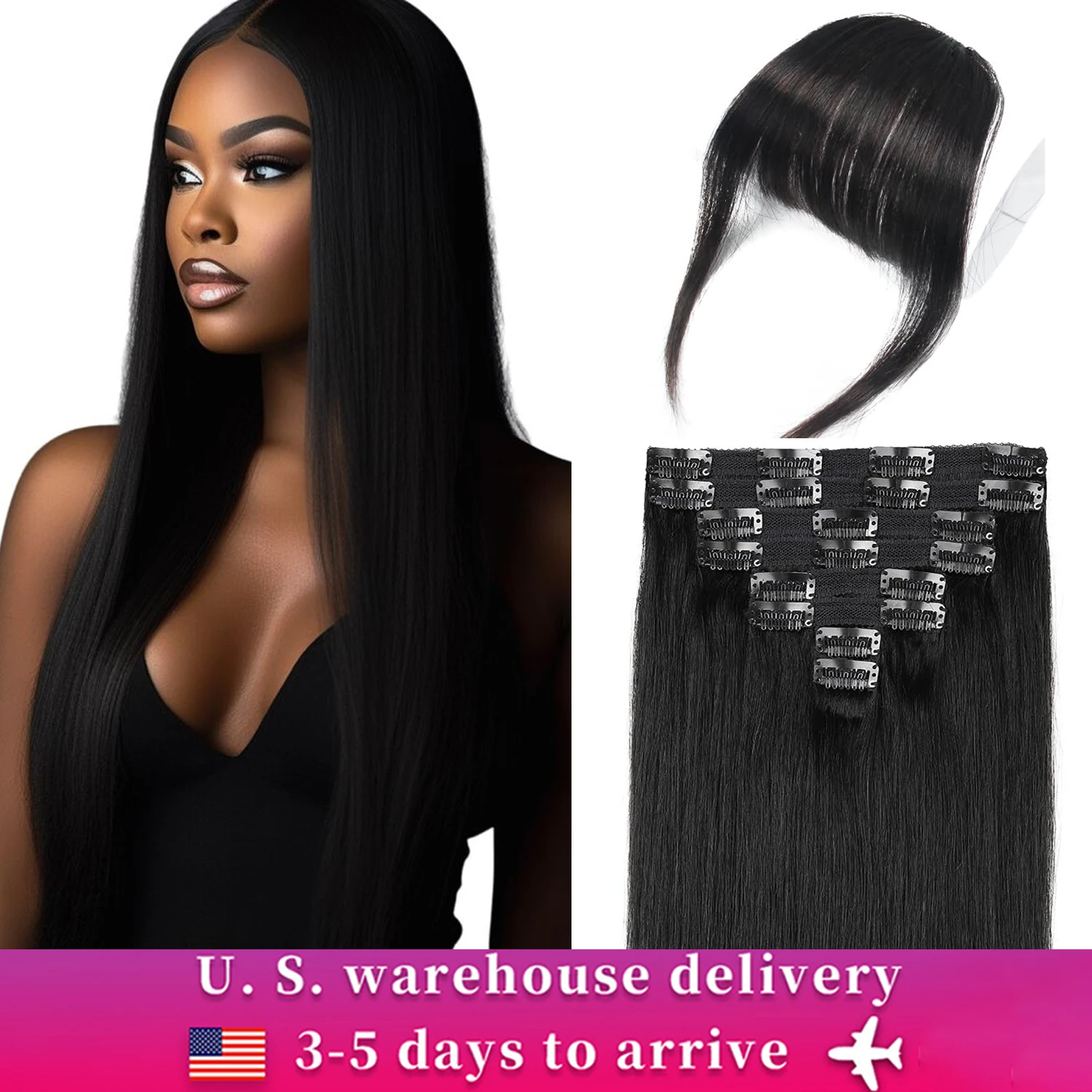 Seamless Clip in Bangs Human Hair Extensions Remy Human Hair Extensions 70g/7pcs Straight Natural Black Clip in Real Soft Human