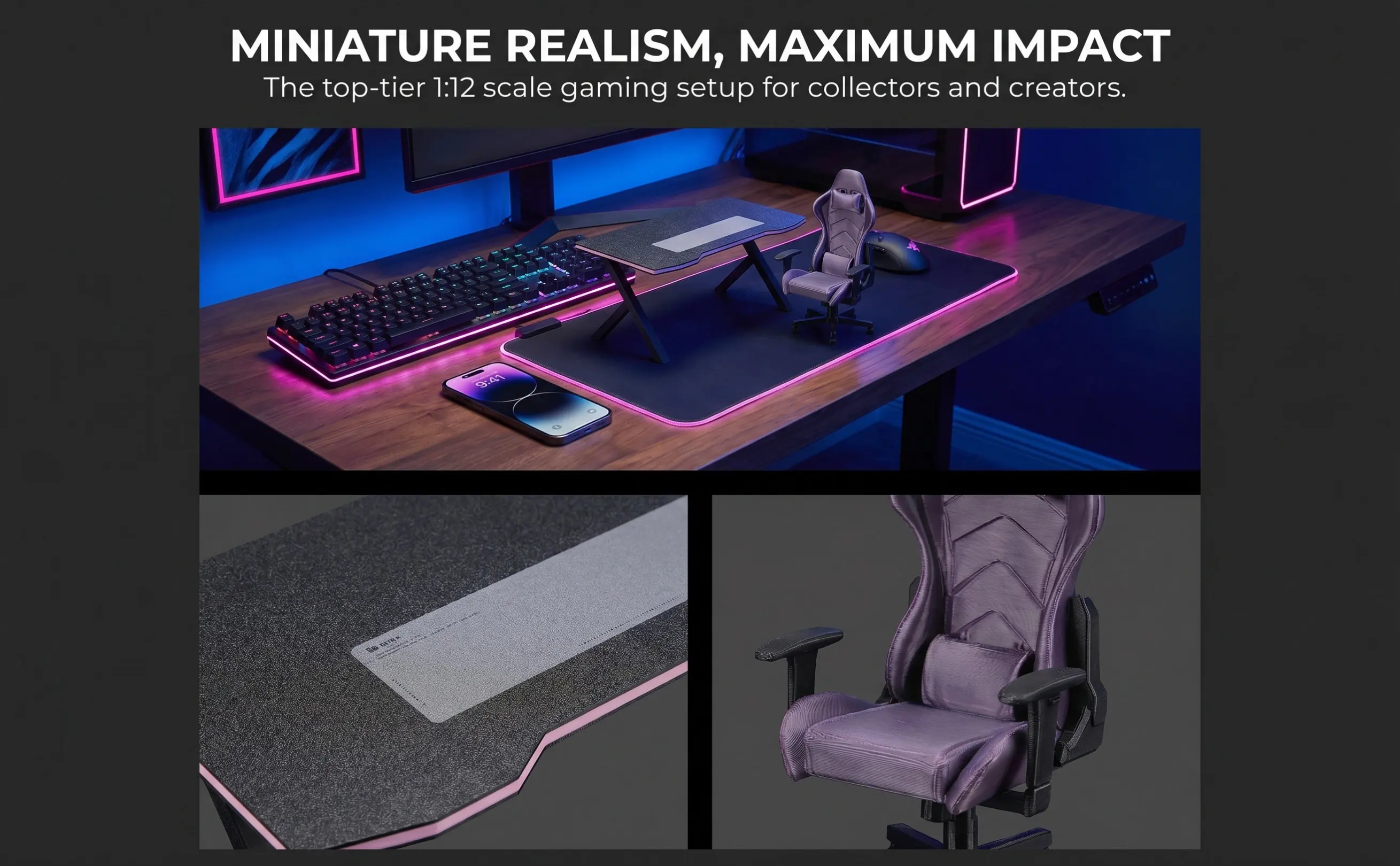 1Set Miniature Gaming Desk Chair 1:12 Scale Black Realistic Computer Setup for Dollhouse Tabletop Decoration DIY