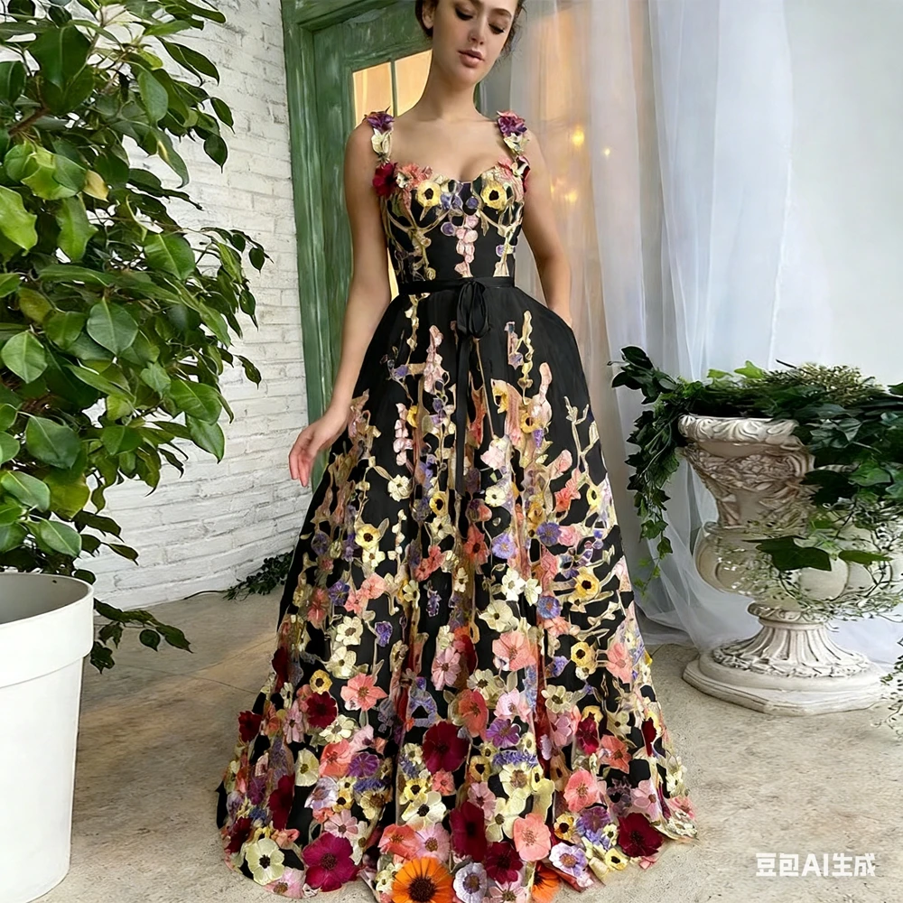 

Вечернее платье с 3D цветочной вышивкой для женщин, без рукавов, А-силуэт, роскошное платье для вечеринок, свадеб и садовых мероприятий