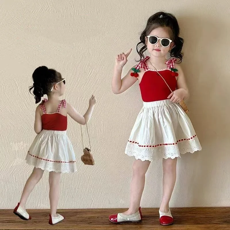 

Children's Summer Sets Cherry Knit Halter Top + Skirt 2pcs Sets Toddler Girl Kids Boutique Clothes Infant Designer Clothes