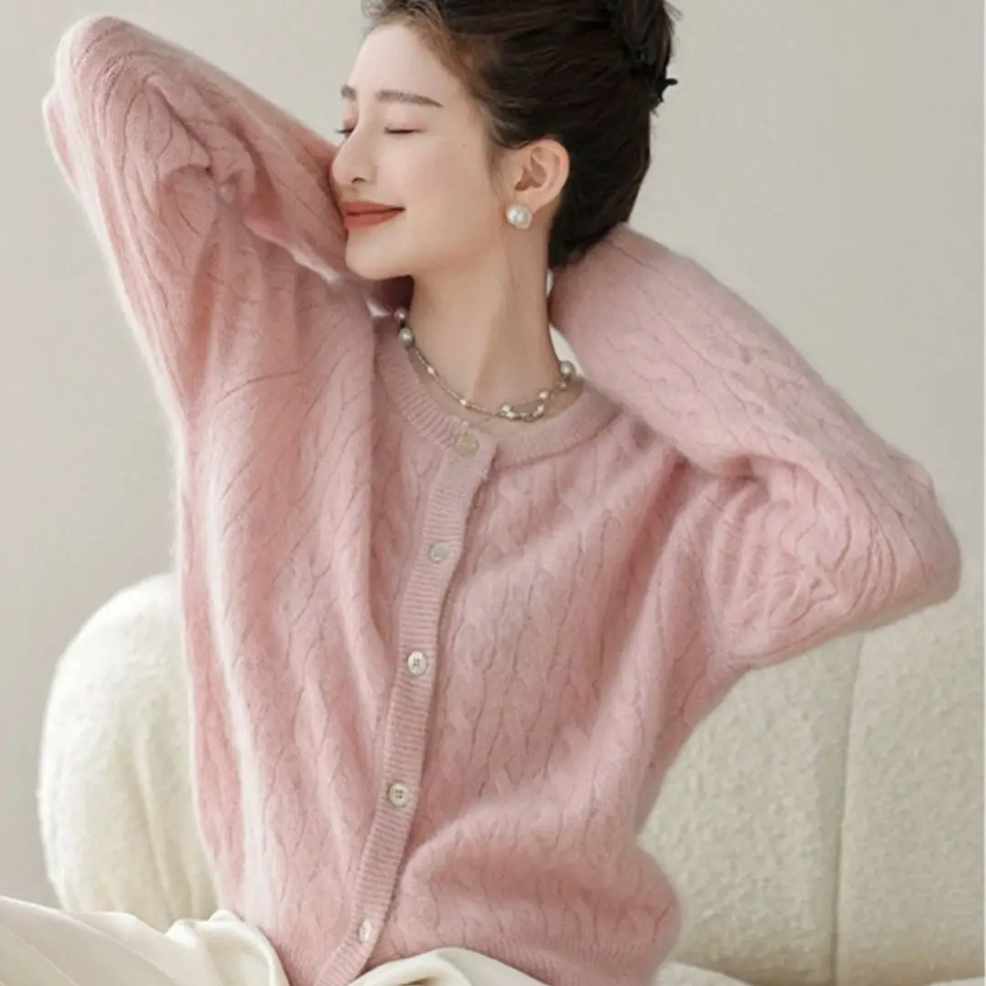 WinvyNee Women's Clothing Cashmere Wool Sweaters Cardigans O neck Twisted Pink Warm Solid Knit Coats Outerwears Winter B1044043A