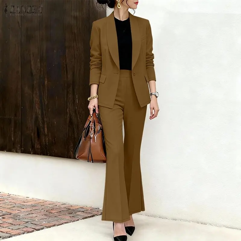 

ZANZEA Formal Pant Suits Women's Long Sleeve Shawl Collar Blazer & Wide Leg Pants 2 Pieces Sets Outfits Office Lady Trouser Sets