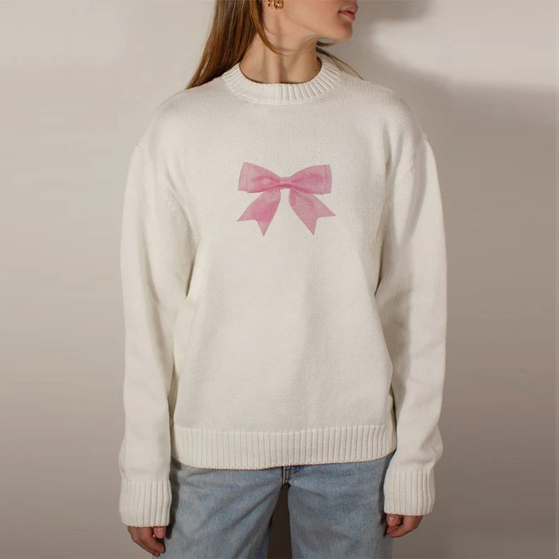 2024 Autumn New Sporty Top Pink Bow Print Woman Loose Shopping Solid Color Pullover Street Wear Round Neck Long Sleeves Sweater