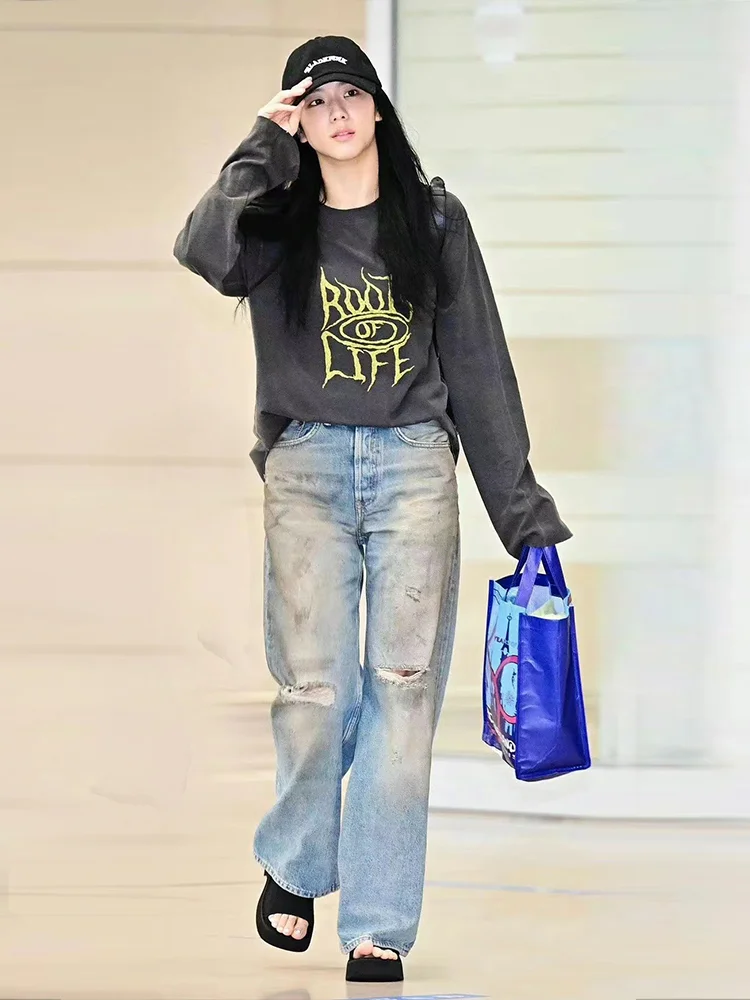 

Женские джинсы-клеш с высокой талией, винтажный дизайн с эффектом потертости, осень 2023, цвет Princ eenn Blue, длинные брюки