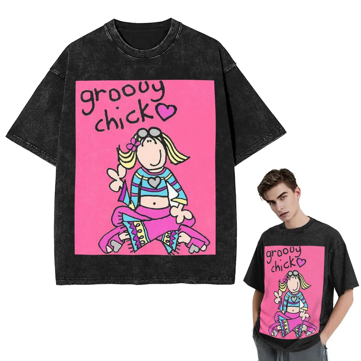 

Streetwear T-Shirts Groovy Chick Girls 2000s Y2K Vintage Washed T Shirt Short Sleeve Hip Hop T-Shirt Tops Tees for Men Women