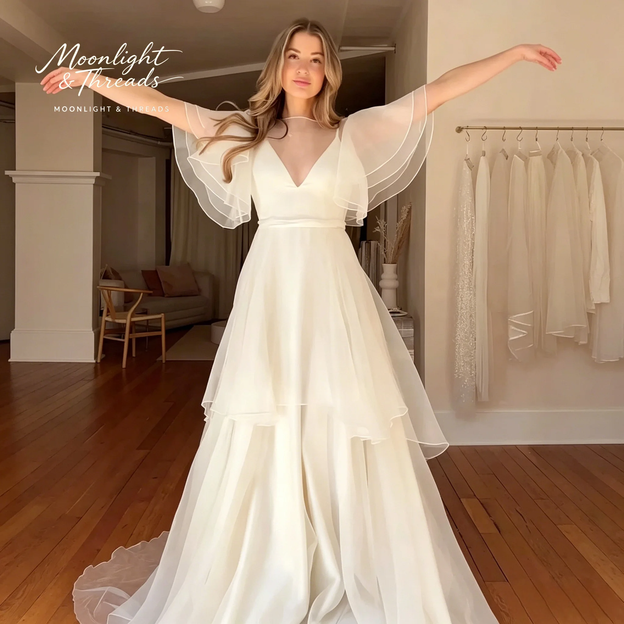 

Off-white floor-length formal wedding gown featuring a round neck ruffled sleeves a tiered skirt and an open back