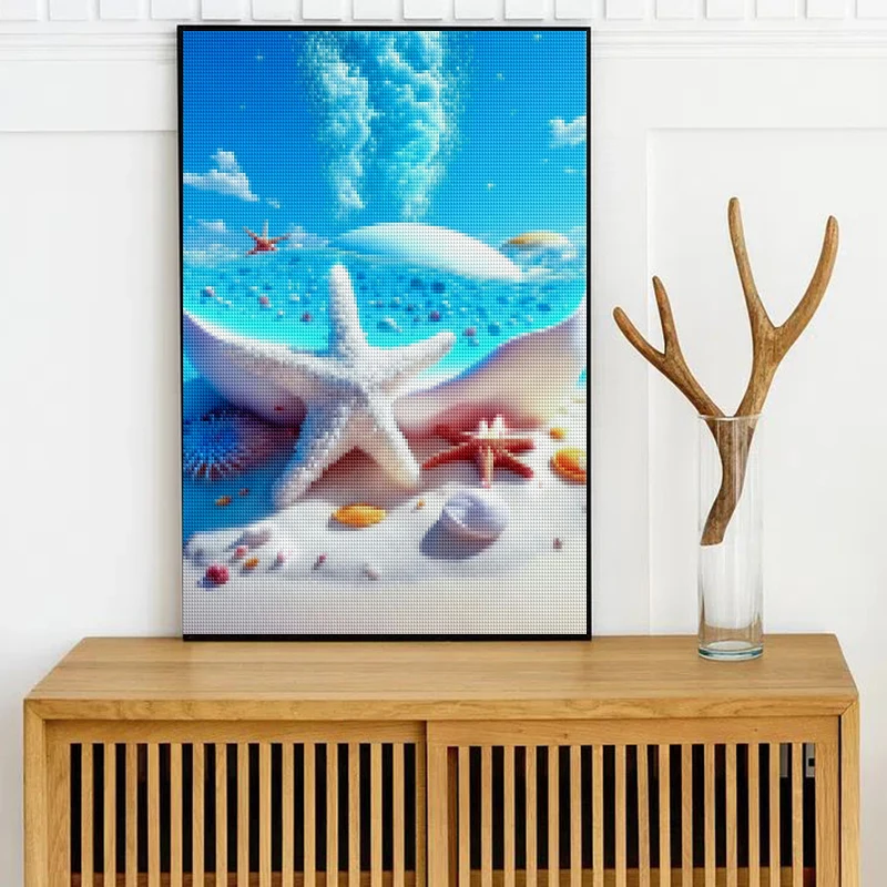 Großes Diamantgemälde, Strand, Meerblick, Seestern, Landschaft, Strand, Heimdekoration, komplett, quadratisch und rund, Mosaik-Stickerei, Kreuzstich