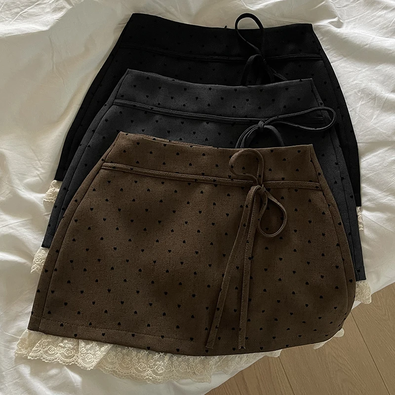 

Женская стильная юбка с кружевной отделкой, осень-зима 2022, женская модная юбка, милые стильные юбки трапециевидной формы с рисунком в виде сердца