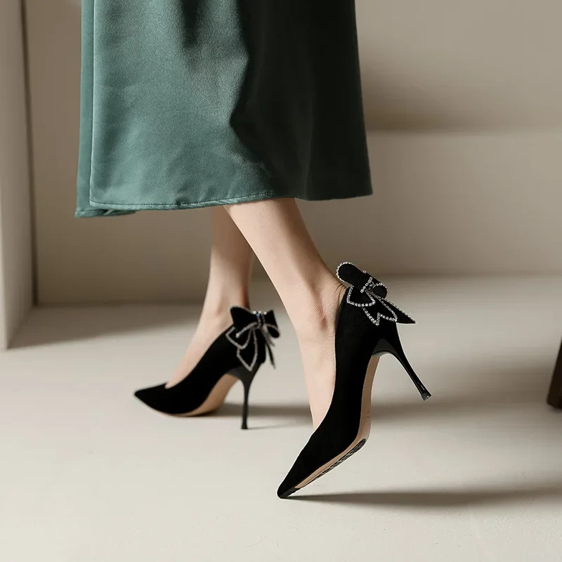 33-40 Bow Leisure Professional Work Women Shoes Pointed High Heels Black Stiletto Women Pumps