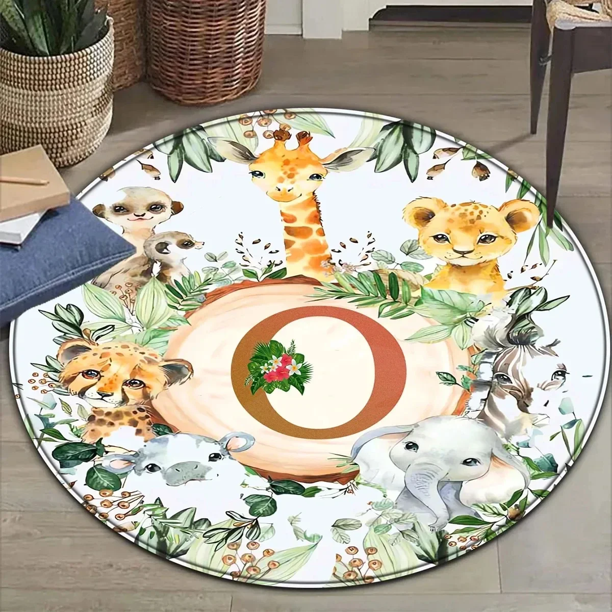 Tropical Jungle Animal Letter Round Carpet Cartoon Rug for Children's Room Dorm Living Room Sofa Seat Decor Non-Slip Floor Mat