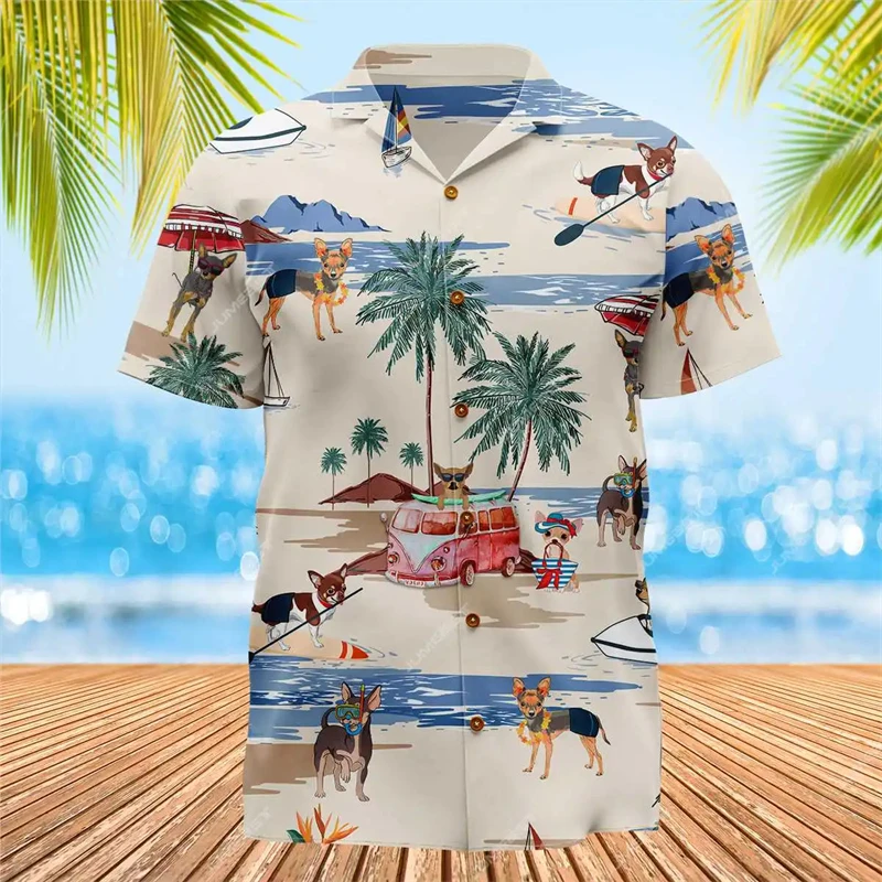 

Funny Animal Dog Graphic Blouses Hawaiian Beach Shirts For Men Clothing Casual Vacation Short Sleeve Swim Fishing Lapel Blouse