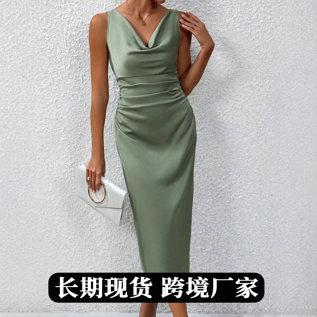 

2026 Summer Women's New Satin Long Skirt Comfortable Dress Pleated Sexy Satin Long Skirt Dress