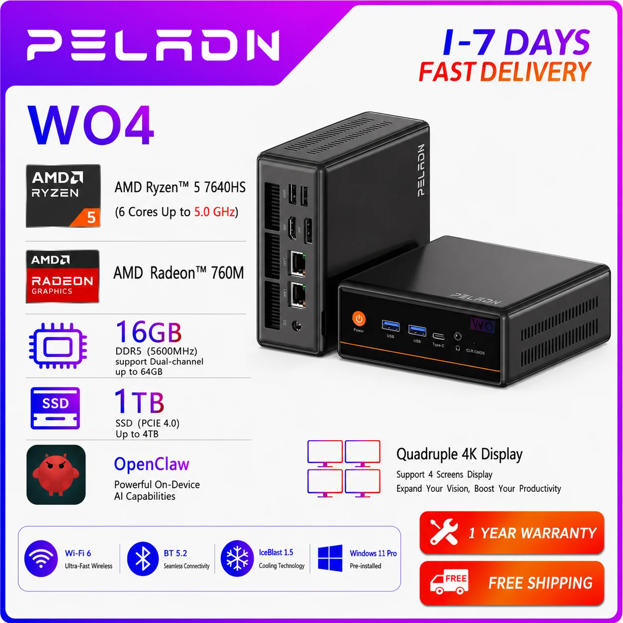 PELADN Gaming WO-4 Mini PC AMD Ryzen 5 7640HS (6 núcleos, hasta 5,0 GHz) 32GB Dual DDR5 1TB PCIe3.0 SSD Soporte de pantalla cuádruple 4k