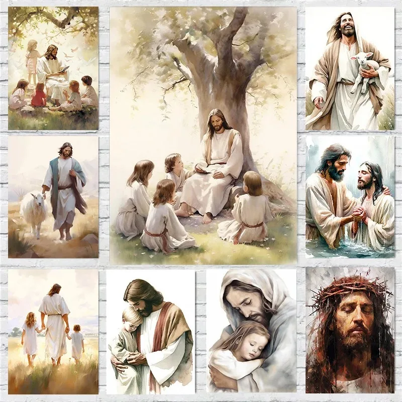 Jesus Christ Girl Child Kid Lamb Christ's Embrace Poster Wall Art Pictures Canvas Painting Room Christian Nursery Home Decor
