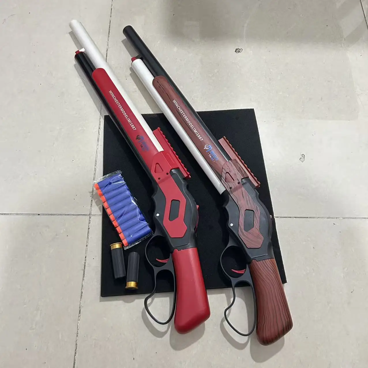 Winchester M1887 Lever Action Revolver Replica Speelgoedcadeau voor kinderen - Soft Bullet Gun Houtkleur Grijs Rood Grijs Pistool