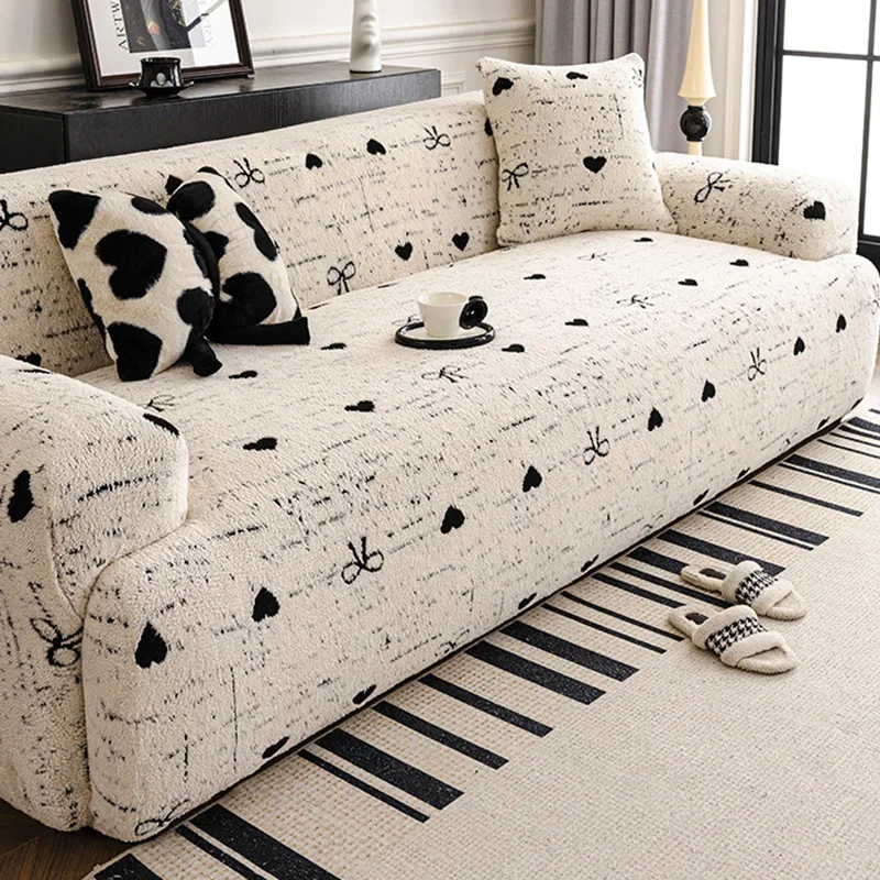 Winter Love Bow Plush Sofa Cover Thick Warm and Elastic Couch Slipcover Soft All-Inclusive Armchair Protector for Living Room
