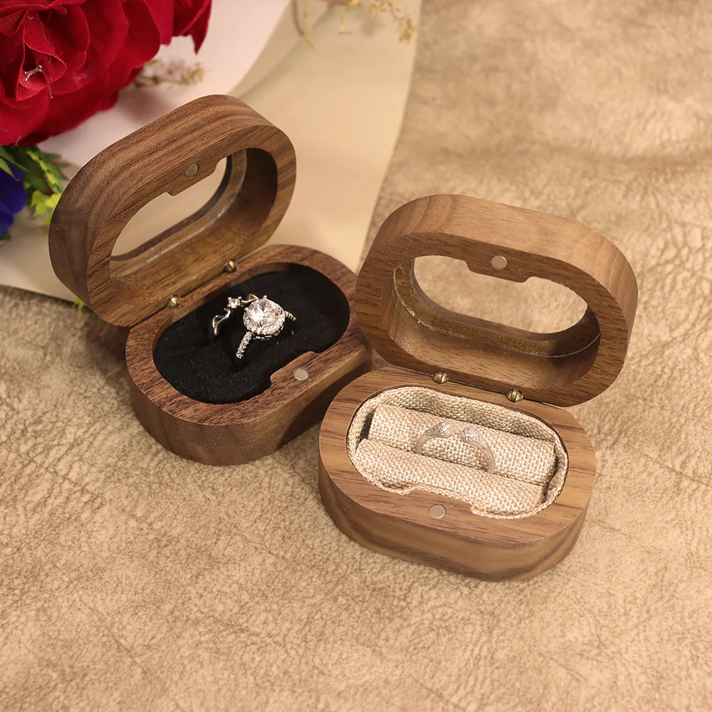 Walnut Wood Oval Ring Box Velvet Lined Flip Top Lid Double Case for Matching Rings,High-grade solid wood gift box.
