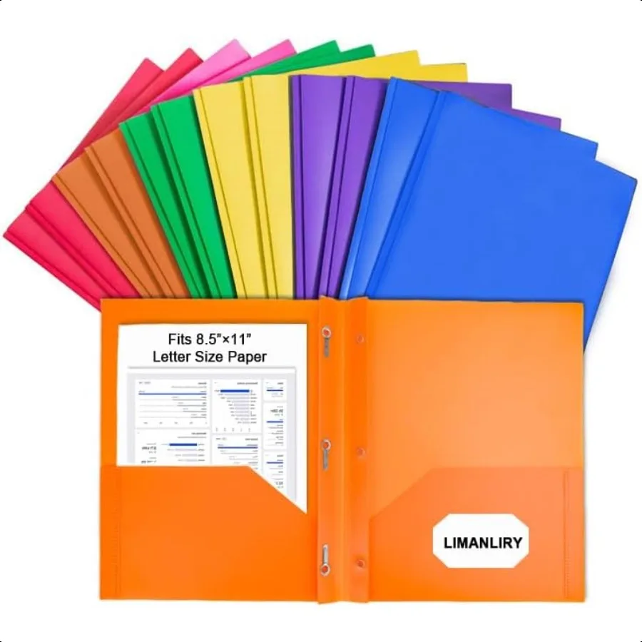 

12 Pack Plastic Folders with Pockets and 3 ProngsColored Two Pockets folders for Docments Assort Colors