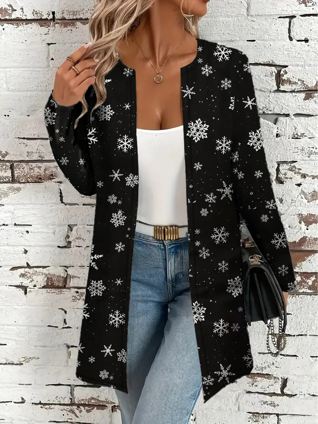 Plus Size Women Black Snowflake Print Open Front Cardigan Long Sleeve Casual Christmas Holiday Outerwear Top