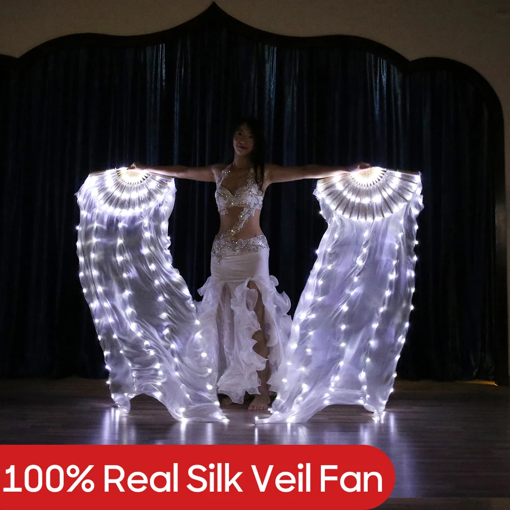 LED Silk Veil Fan para Dança do Ventre, Acessórios de Dança, Prática e Performance Palco, 100 White LED Fan