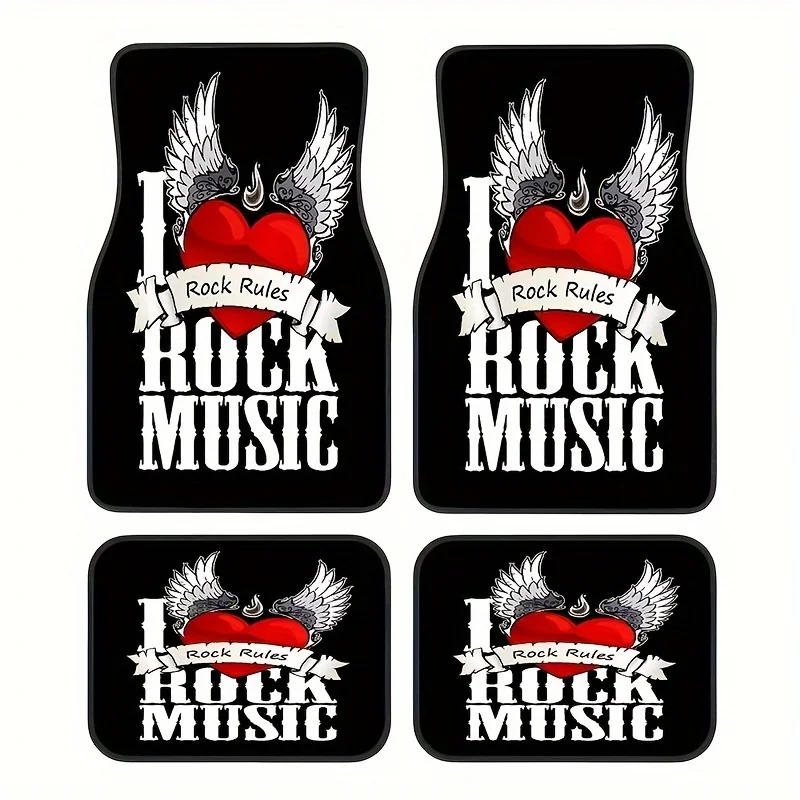 A Collection Of Four Car Floor Mats Showcasing A Rock Music Theme, Easy To Clean, Perfect For Both The Front And Rear Of The Veh