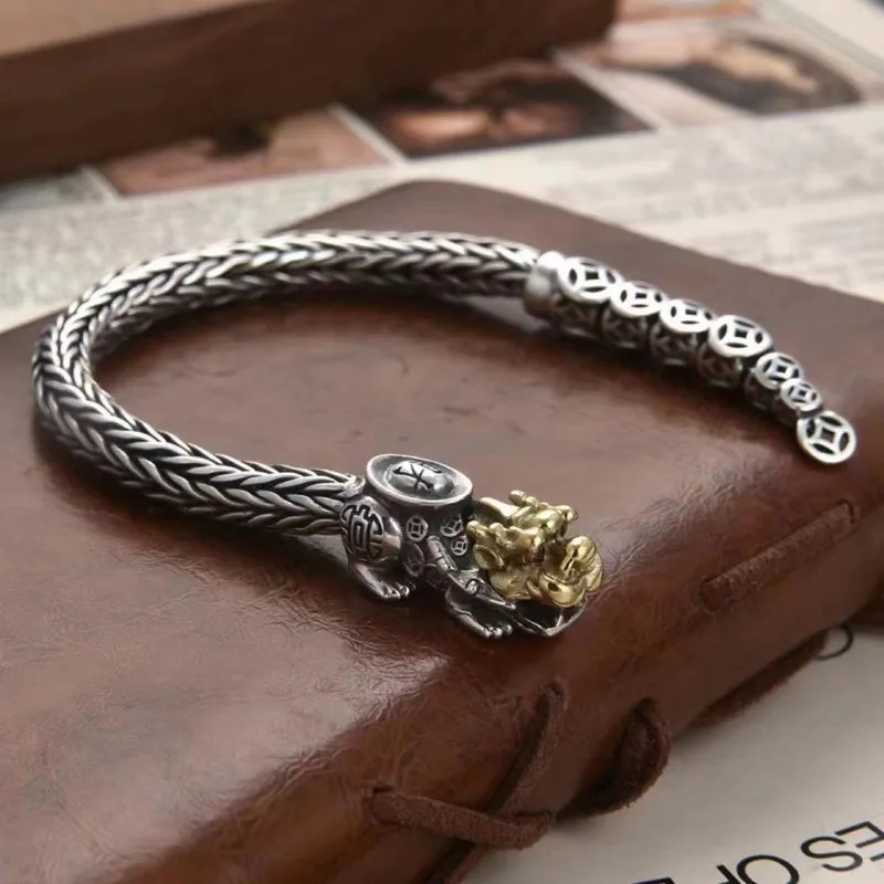 Vintage Coin Pixiu Men's Dragon Bone Chain Bracelet Antique Thai Silver Bold Masculine Unique Daily Wear Handmade Superb Gift