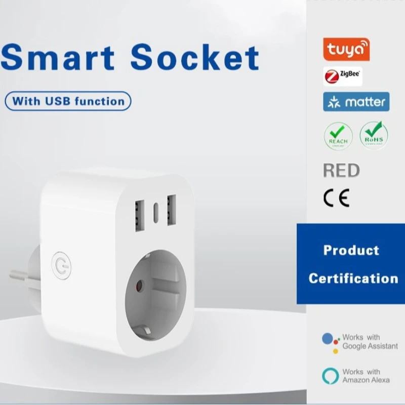 WiFi smart socket Tuya European style with typc interface USB charging port Mini power supply Voice application control