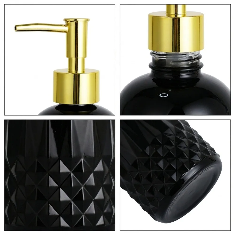 Black Lime Glass Soap Dispenser with ABS Pump for Kitchen Bathroom 19x7x7cm Diamond Pattern 350ml Refillable Bottle