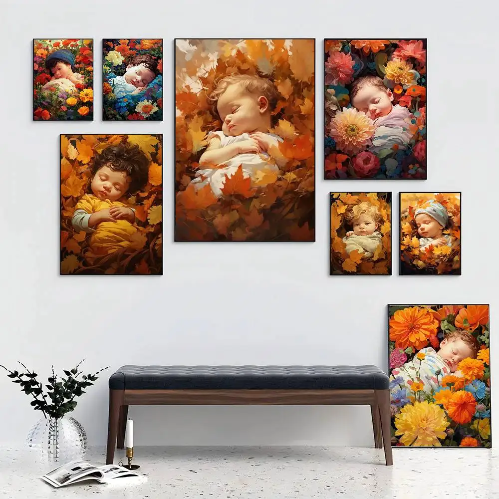 Sleeping Baby Flowers Posters Living Room Bar Cafe Quality Canvas Vintage Style Comics Painting Art Home Wall Decor Picture