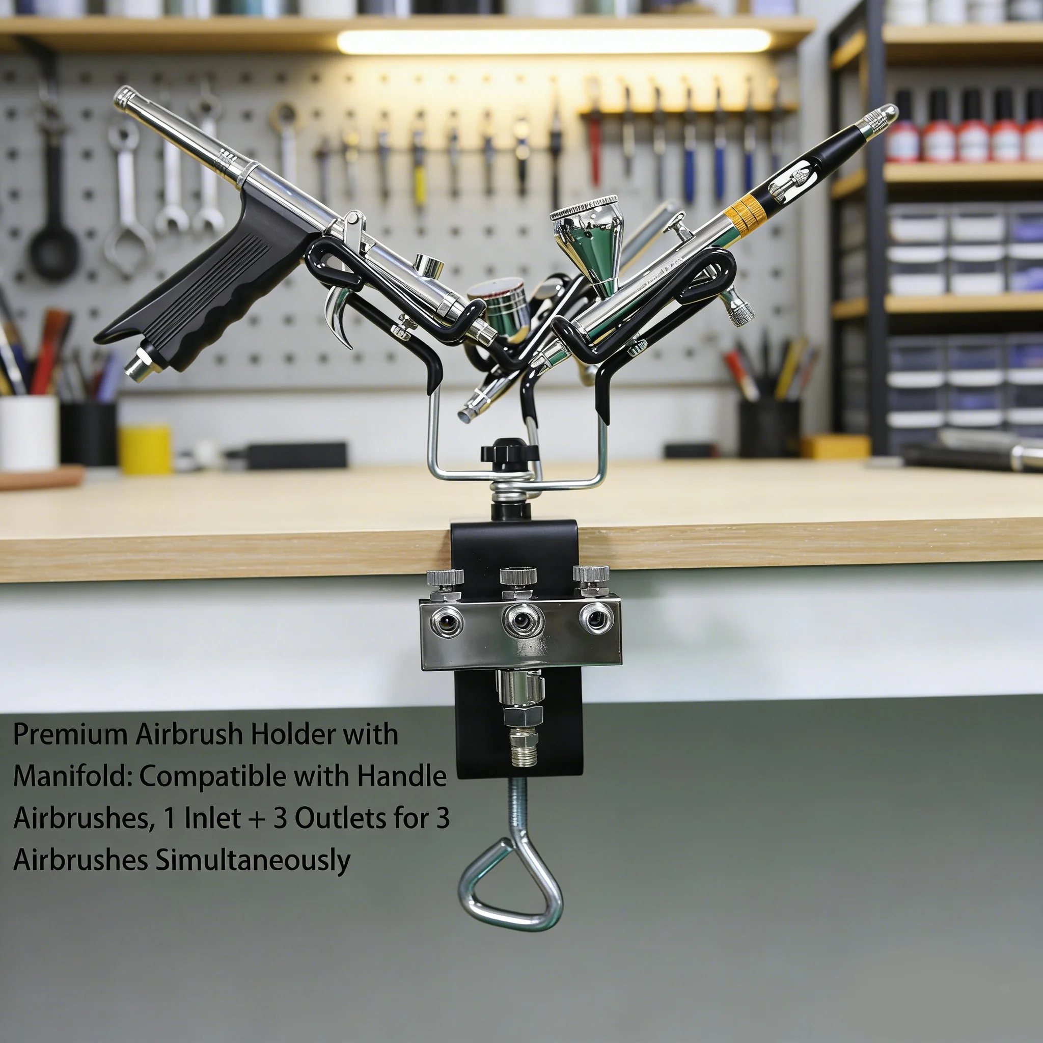 Premium Airbrush Holder with Manifold: Compatible with Handle Airbrushes, 1 Inlet + 3 Outlets for 3 Airbrushes Simultaneously