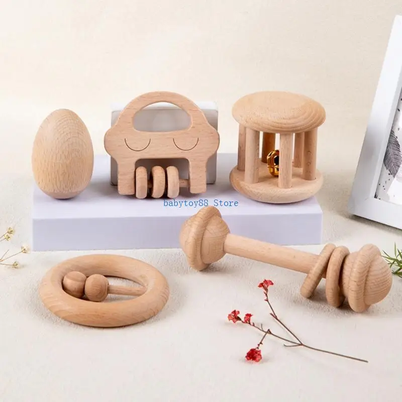 Y4UD Multi-shape Baby Teether Natural Rattle Ring Teether Nursing Pendant Baby Rattles Chew Educational Toy