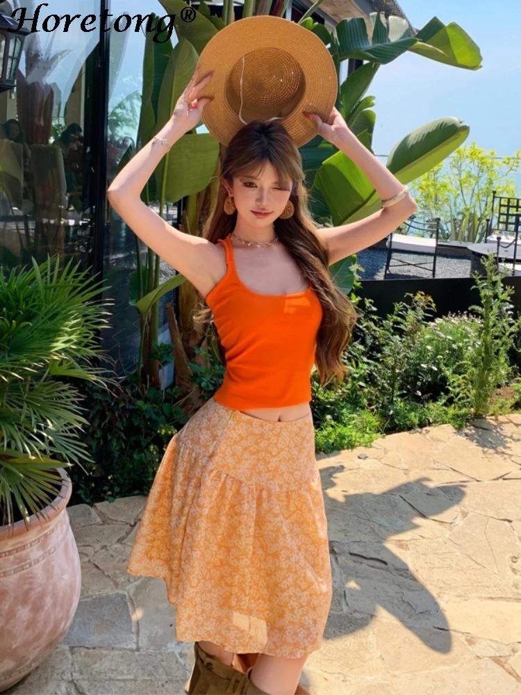 

Женский летний пляжный комплект из 2 предметов: оранжевый топ-камизоль и юбка до колен с цветочным принтом, повседневный бохо-стиль, сексуальный комплект 2026