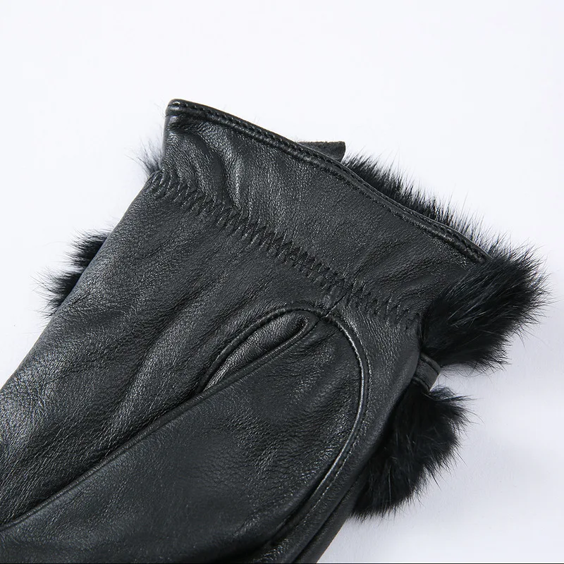 1 Pair Women`s Winter Lambskin Leather Touchscreen Gloves Wool Lined Rabbit Fur Cuffs Bowknot Decor Thickened Mittens