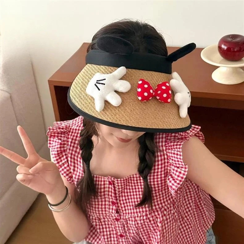 Cute Cartoon Mouse Hat with Paw Summer Fashion and Versatile Travel Sun Protection Wide Brim Bow Straw Hat Outdoor Daily Wear