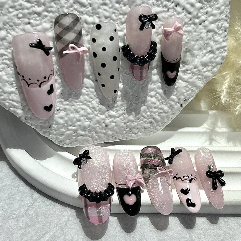 10 piezas negro rosa dulce francés a cuadros amor hecho a mano prensa en las uñas ballet princesa lindo arco uñas postizas removibles reutilizables
