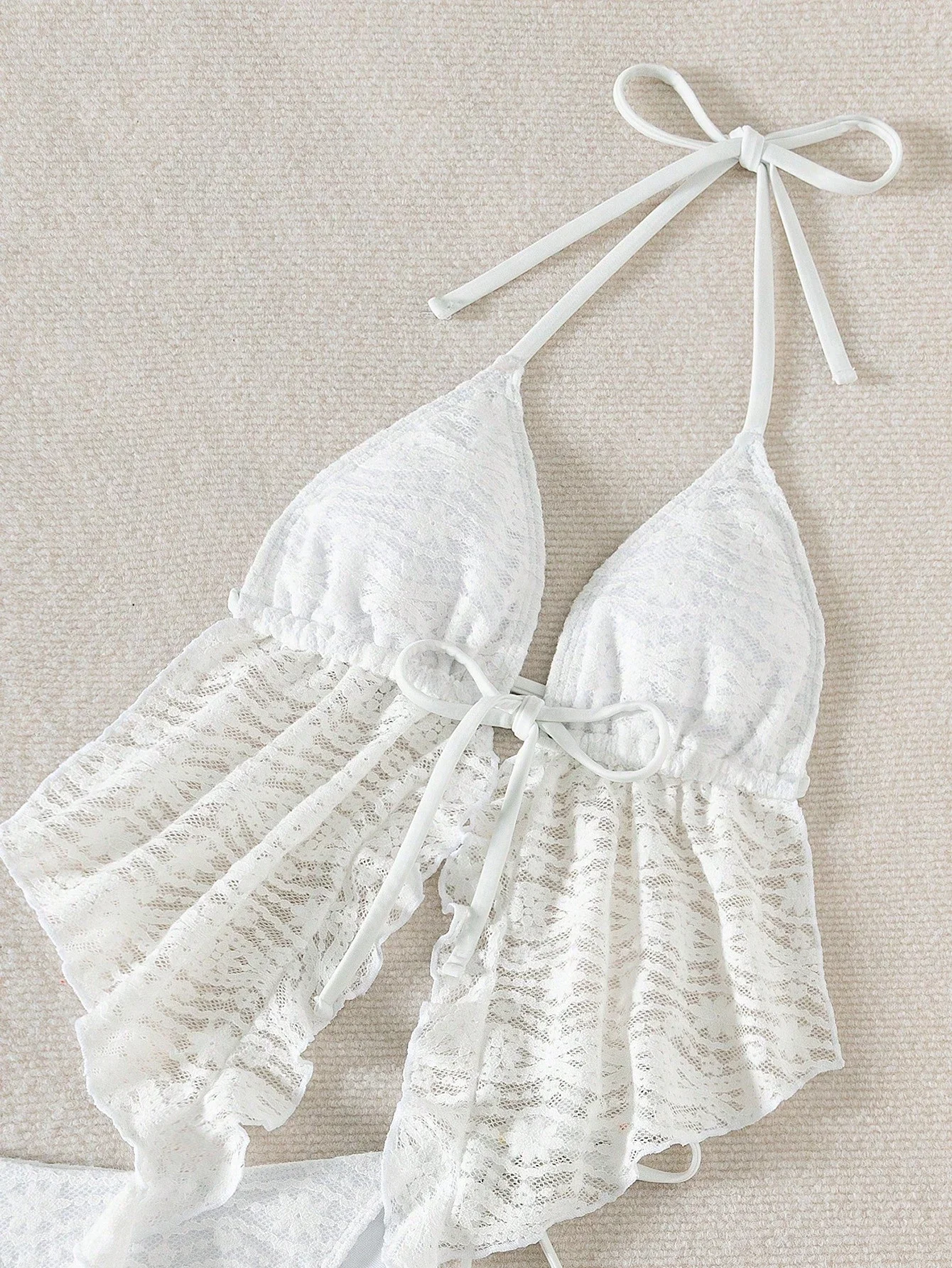 

White Lace 3 Piece Swimwear Set For Women Halter Neck Bikini With Ruffle Detail