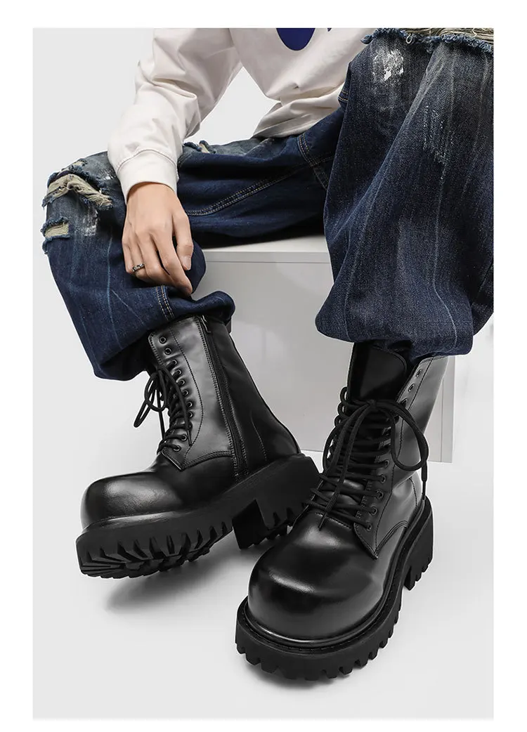 NEW Motorcycle Women's buckle Boots Winter Leather Shoes Black Botas Wedges Female Lace Up Platforms Women White Botas Mujer