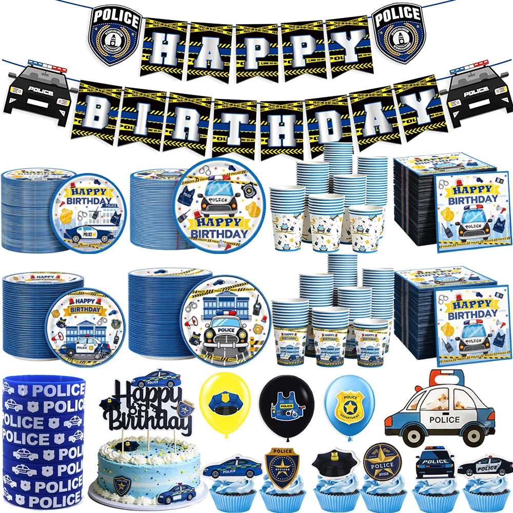 Police Theme Birthday Party Supplies Disposable Tableware Paper Plates Cups Napkins Banner Cake Topper Police Car Balloon Decors