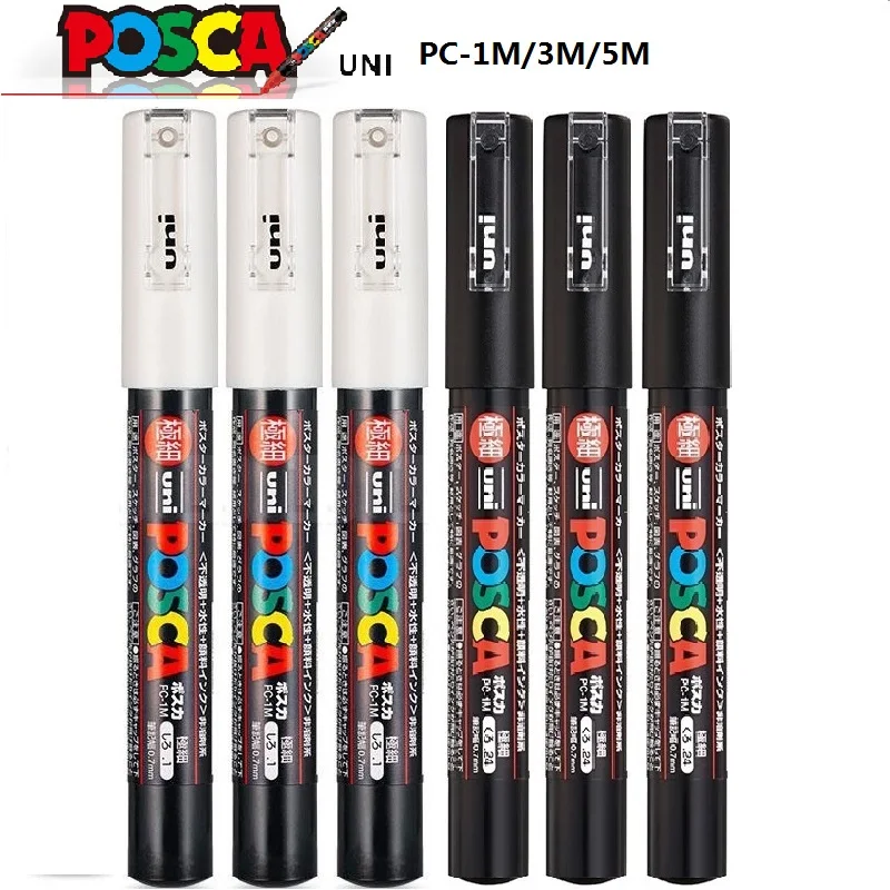 UNI POSCA, 3 pièces, marqueurs de Colores noir/blanc, stylo Plumones PC-1M-3M-5M, dessin artistique, papeterie, marqueurs de peinture pour arrière-plans Rock