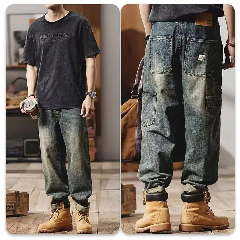 ملابس العمل الرجالية الجينز فضفاضة تناسب عادية الأمريكية الرجعية الخريف الشتاء ular ارتداء مقاومة مستقيم الساق سراويل قطنية