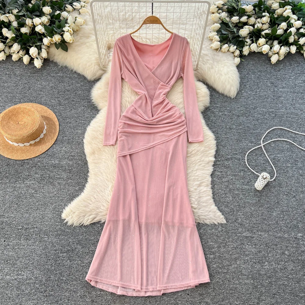 

Women Ankle Lenth Solid Dresses A Line Folds Dress Long Sleeve V Neck Waist Cinched Slim Casual Elegant Sexy 2025 Spring Autumn