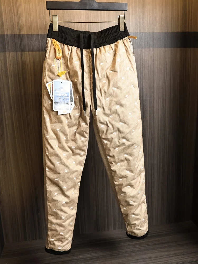 

Уличные мужские брюки на гусином пуху, теплые слипоны, прямые брюки с защитой от ветра, осень-зима, модные городские длинные брюки, чистый цвет