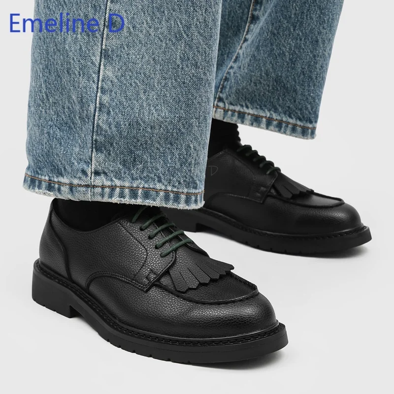 Lace Up Fringe Oxford Shoes Pebbled Grain Leather Tassel Front Clean Round Toe Solid Chunky Low Block Sole Retro Casual Shoes