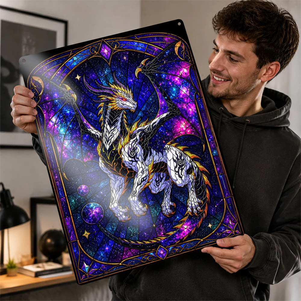 Galaxy Dragon Stained Glass 3D Texture Printed Poster Custom Vintage Metal Tin Plate Sign for Wall Art Decor Living Room Home