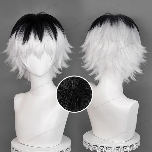 Sasaki Haise Peluca de Cosplay de 30cm, pelo corto plateado, blanco y negro para hombre, pelucas sintéticas resistentes al calor de Anime