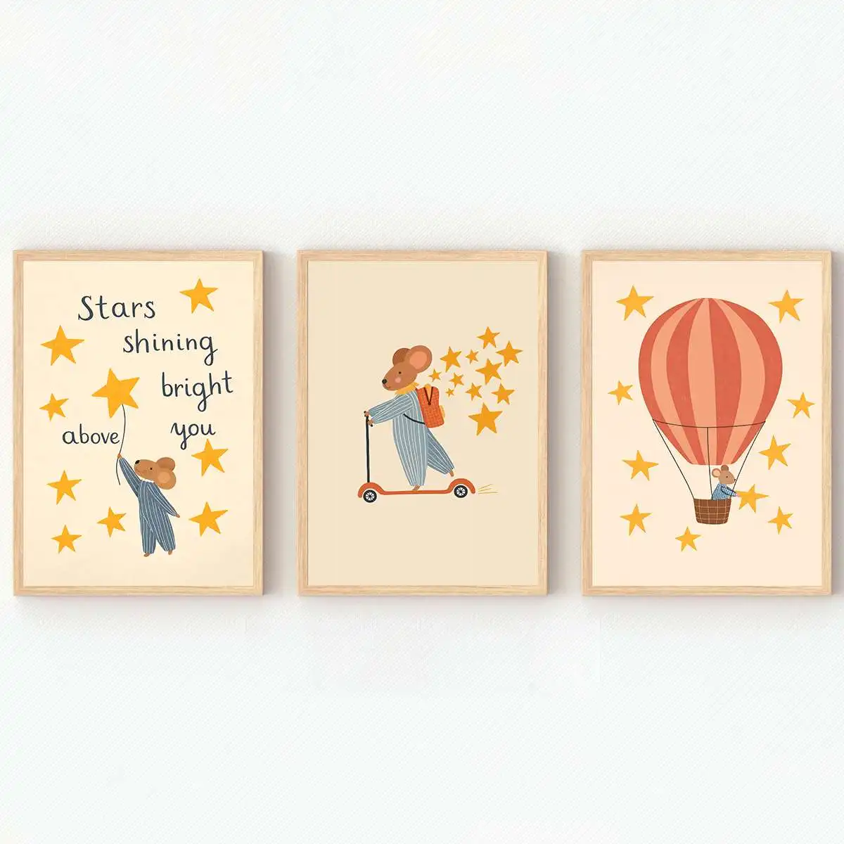 3PCS frameless decorative art print,3PCS Children's room cartoon-printed poster  Cute mouse wall art  Home wall decoration  Canv