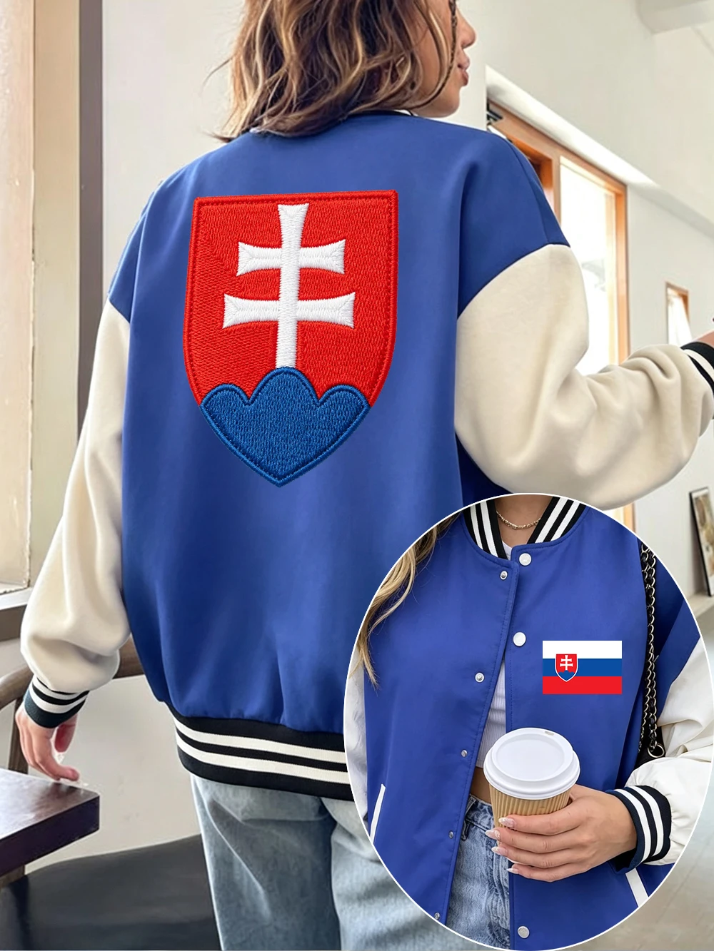 Slovakia Embroidery Printed Baseball Jersey Women Winter Fleece Warm Cotton Coats Casual Pocket Jackets Street Loose Clothes