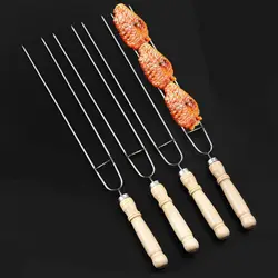 U-Shaped Stainless Steel Barbecue Skewer BBQ Stick Cooking Tool Wooden Handle Roast BBQ Skewer Cooking Tool